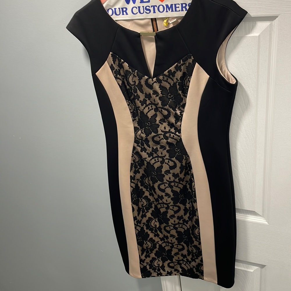 Lacy Tan and Black Cocktail Dress